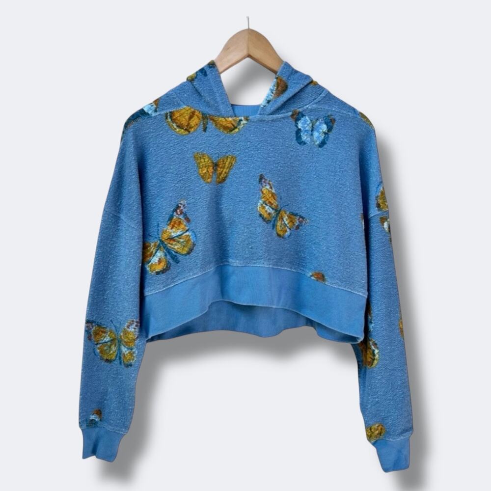 Out From Under Kimber Hoodie S Blue Butterfly Cropped Terry Cloth Sweatshirt